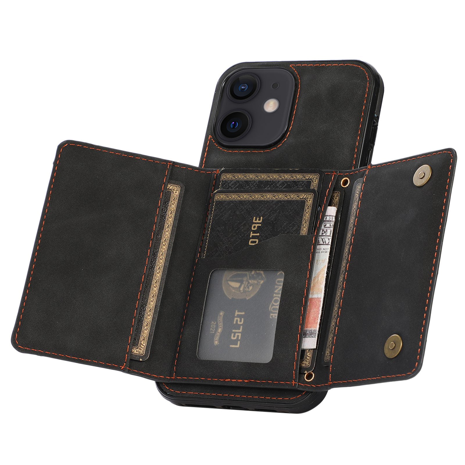 For iPhone 12 mini 5.4 inch Case Magnetic Button Tri-fold Wallet Kickstand PU Leather Coated TPU Cover - Black For iPhone 12 mini 5.4 inch Case Magnetic Button Tri-fold Wallet Kickstand PU Leather Coated TPU Cover - Black